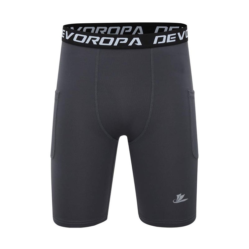 DEVOROPA Youth Boys' Compression Shorts Performance Athletic Base Layers Workout Training Underwear Side Pocket Black/Gray M (Pack of 2) - Image 2